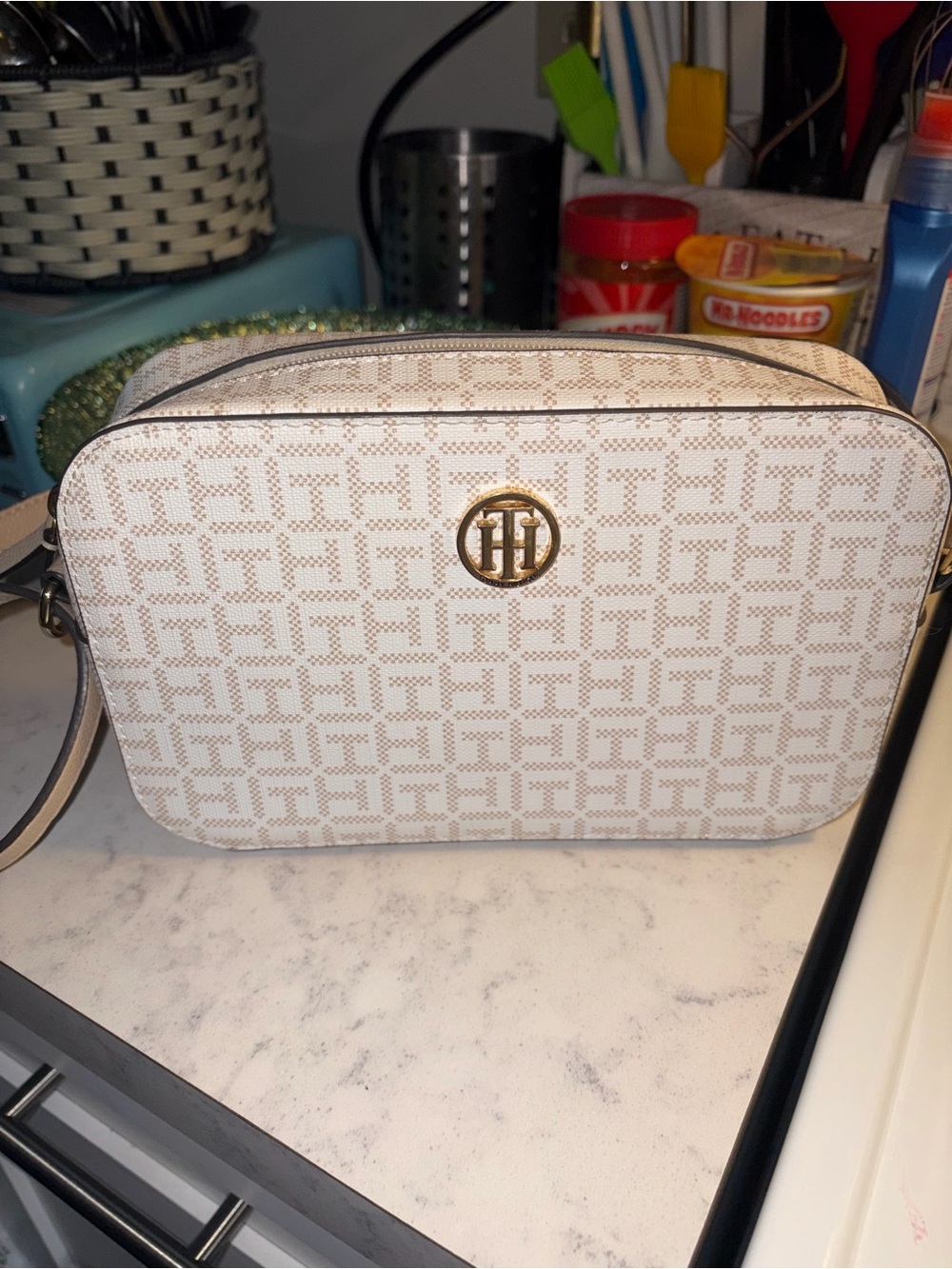 Tommy Hilfiger Cream Patterned Crossbody with Gold Logo